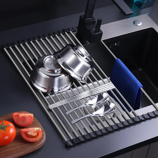 Kitchen Sink Stainless Steel Draining Rack Can Be Folded Fruit and Vegetable Dishes Filter Shelf Roll Storage Draining Rack